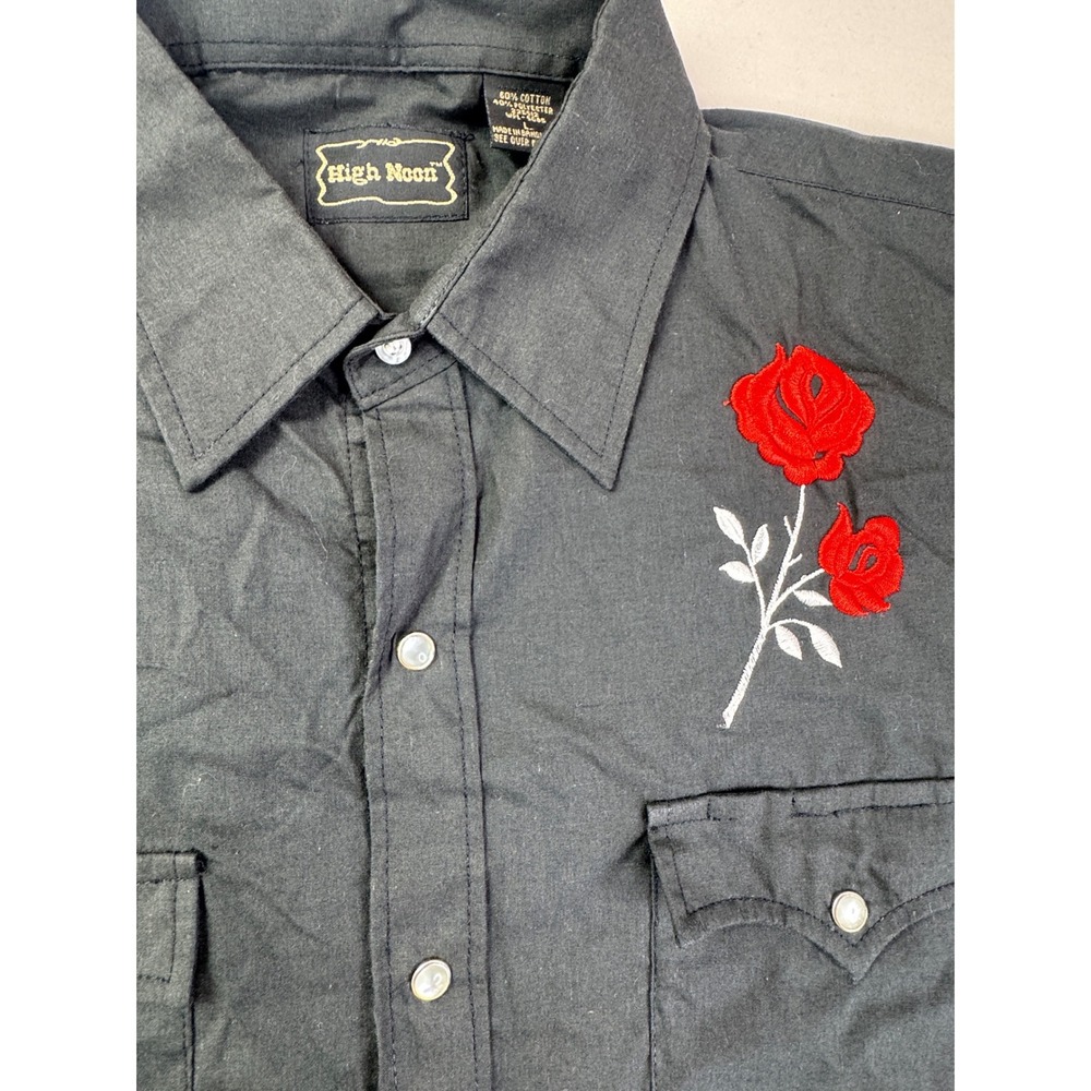 High Noon Mens Large Black Western Snap Front Shirt Red Rose Embroidery Floral